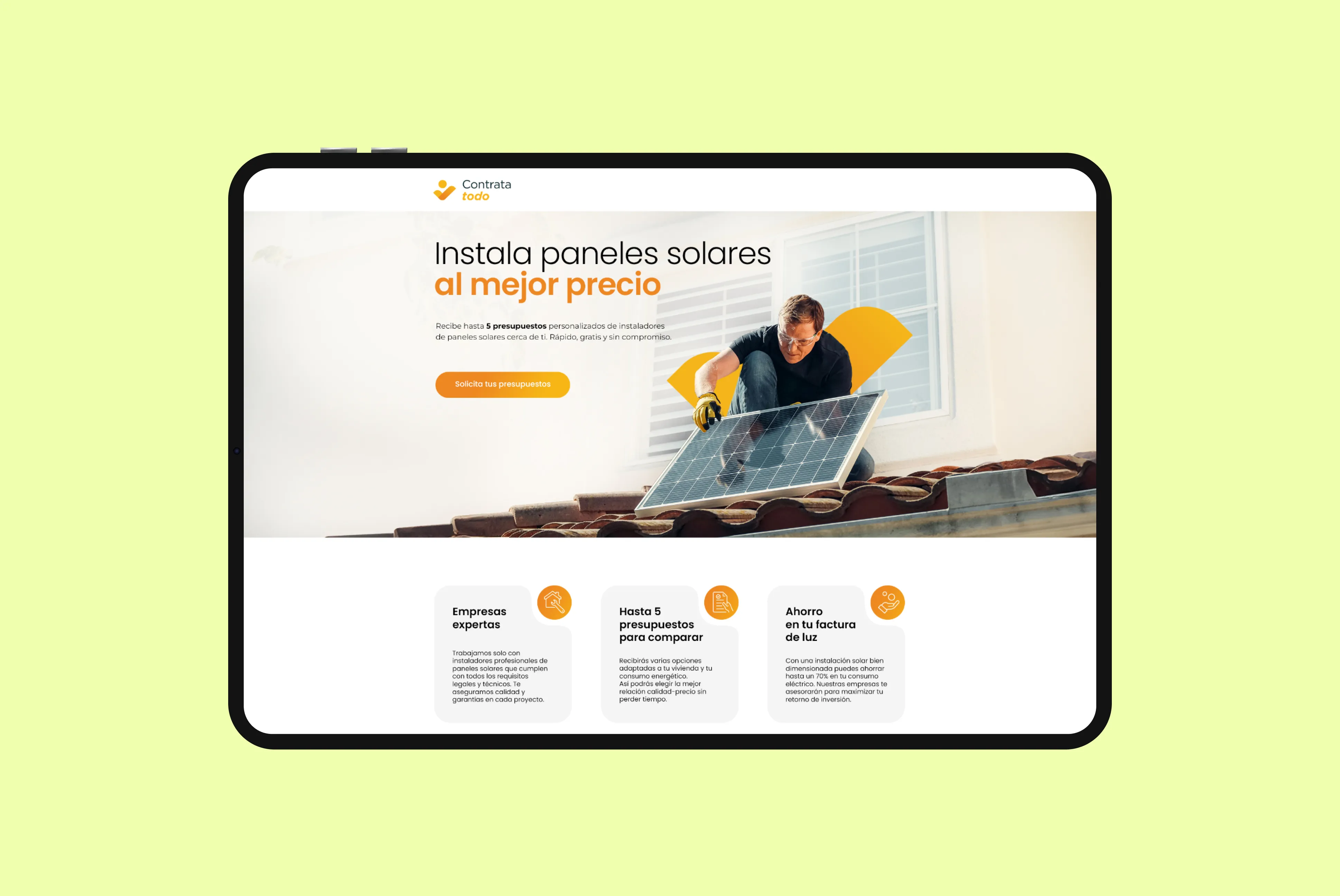 Website screenshot showing a man installing a solar panel on a rooftop with the text 'Install solar panels at the best price' and call-to-action button.