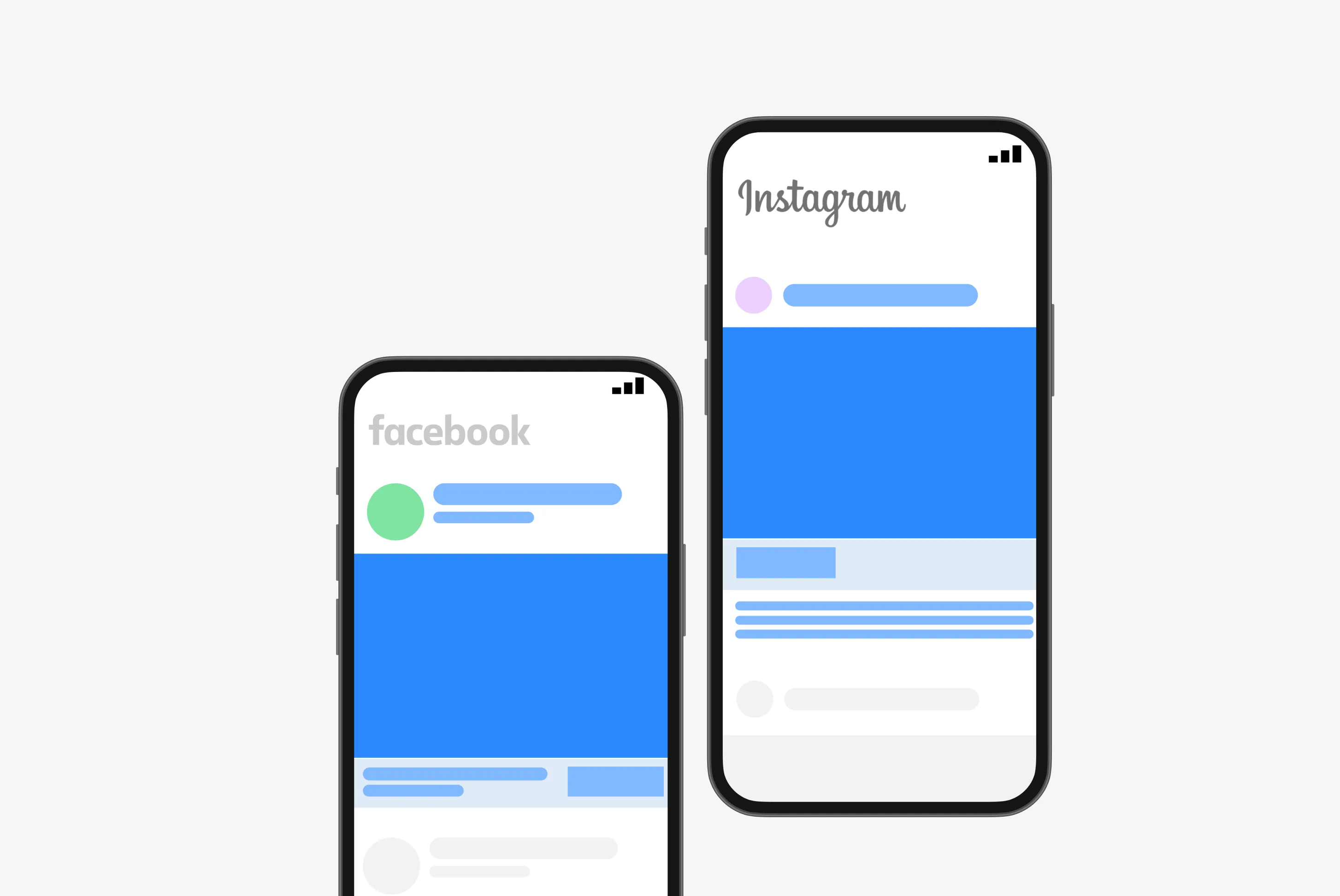 Two smartphones displaying simplified social media interfaces for Facebook and Instagram with profile icons and blue content blocks.