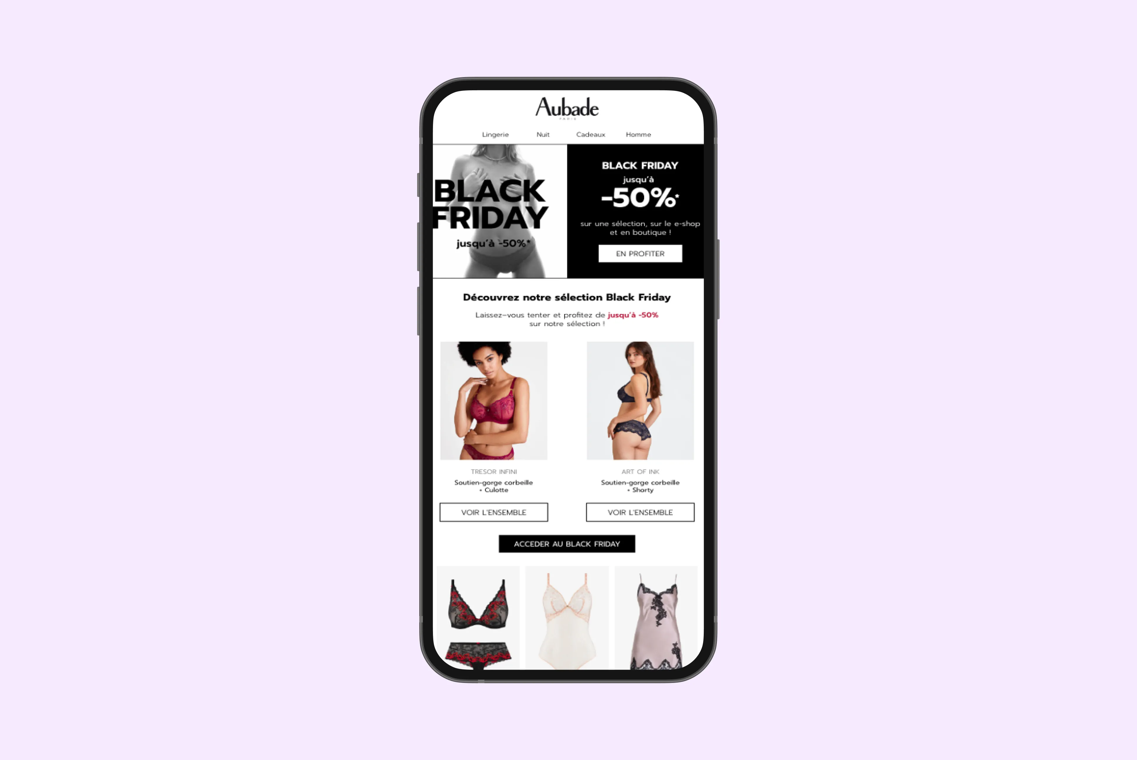 Mobile screen showing Aubade Black Friday sale with up to 50% off, lingerie sets featured with models and product images.