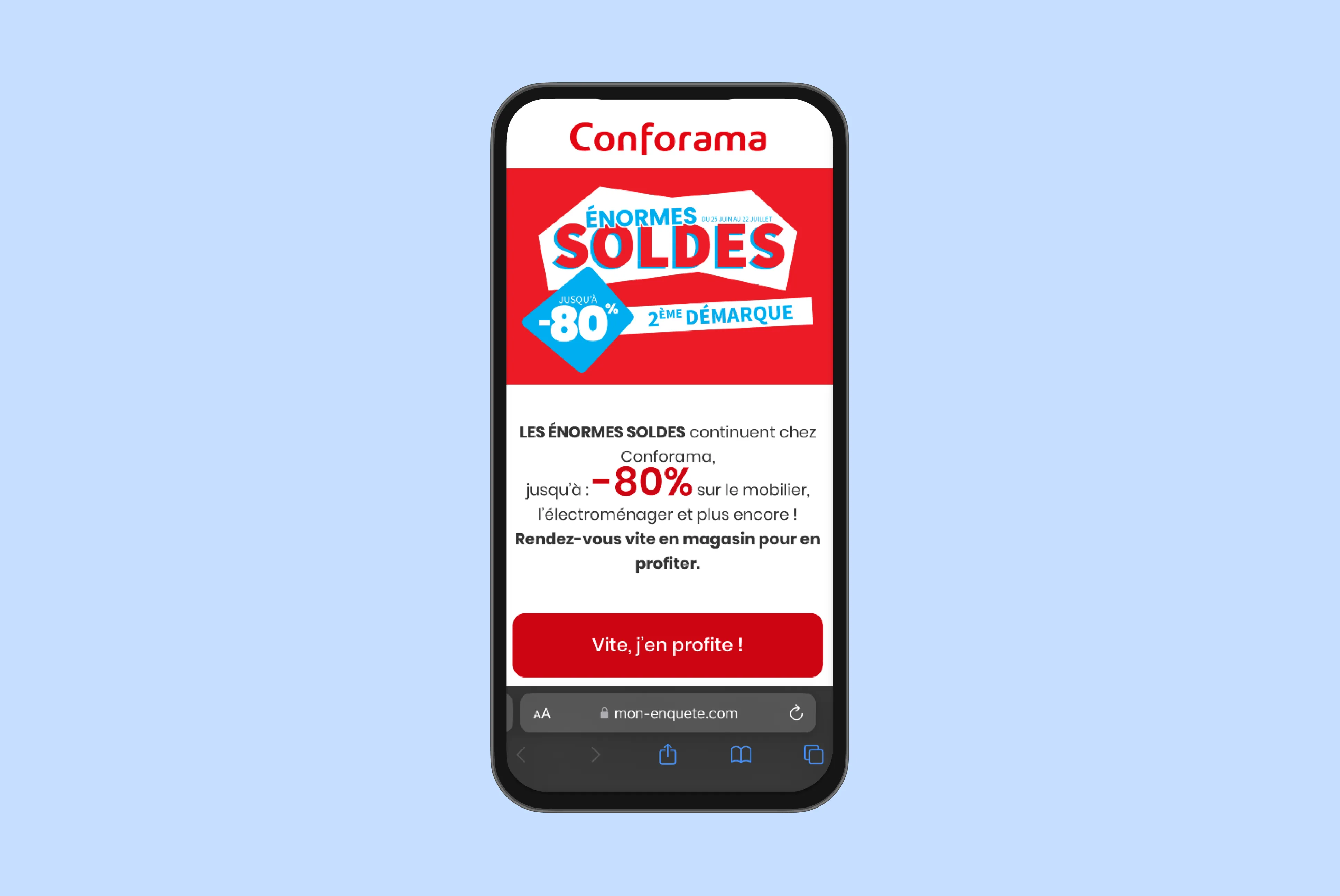 Smartphone screen shows Conforama sale promotion with up to 80% off on furniture and appliances, urging quick store visit.