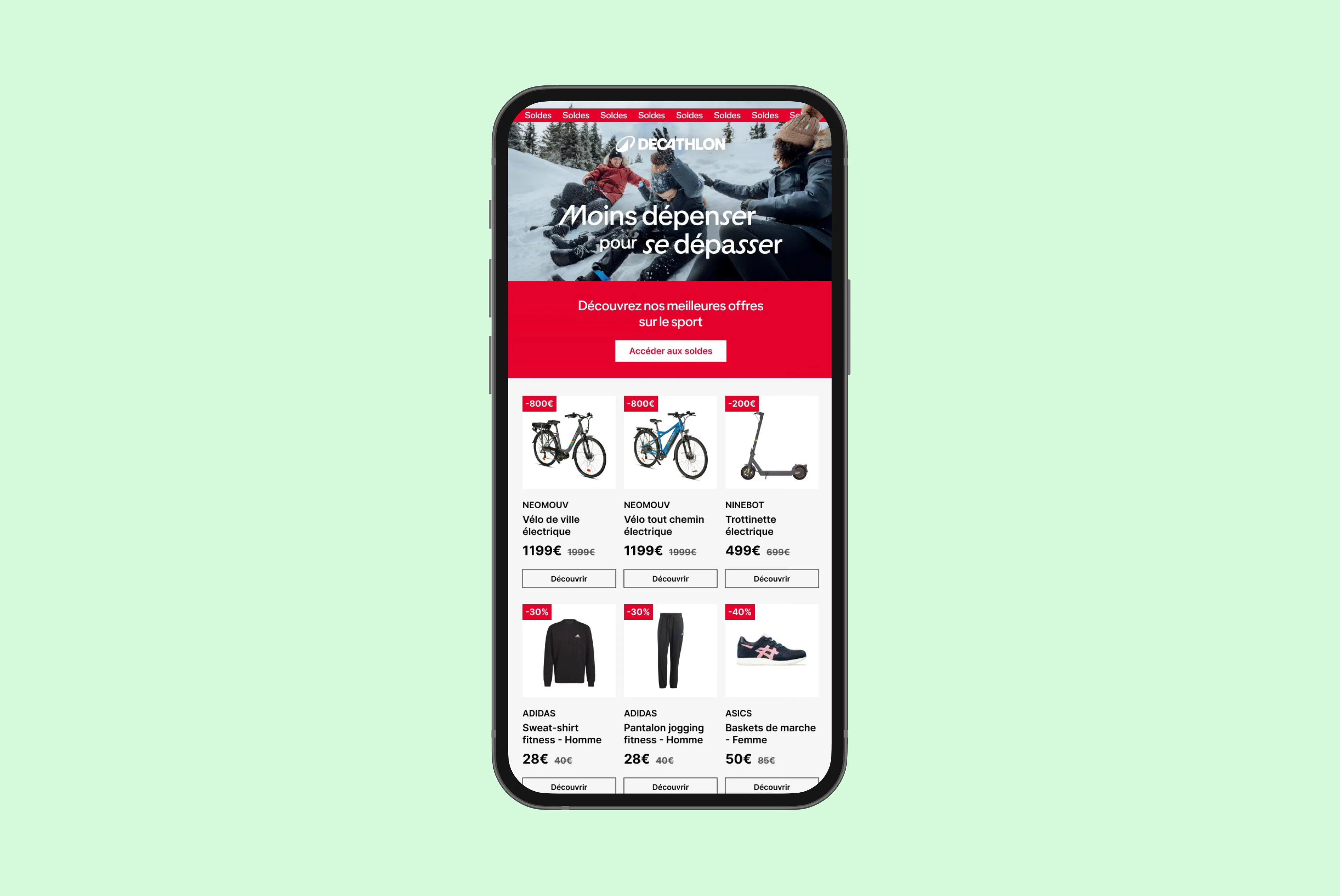 Smartphone screen showing Decathlon sale with discounted electric bikes, scooter, fitness sweatshirt, jogging pants, and walking shoes.