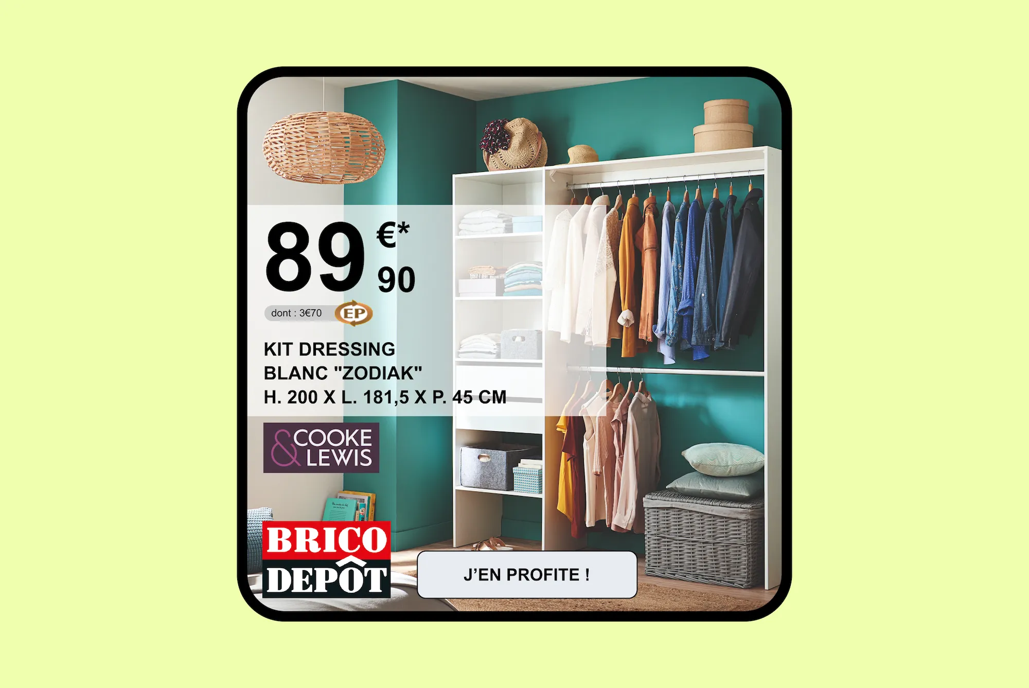 White 'Zodiak' dressing kit with hanging clothes and storage shelves against a teal wall, priced at 89.90 euros, featured by Brico Dépôt.