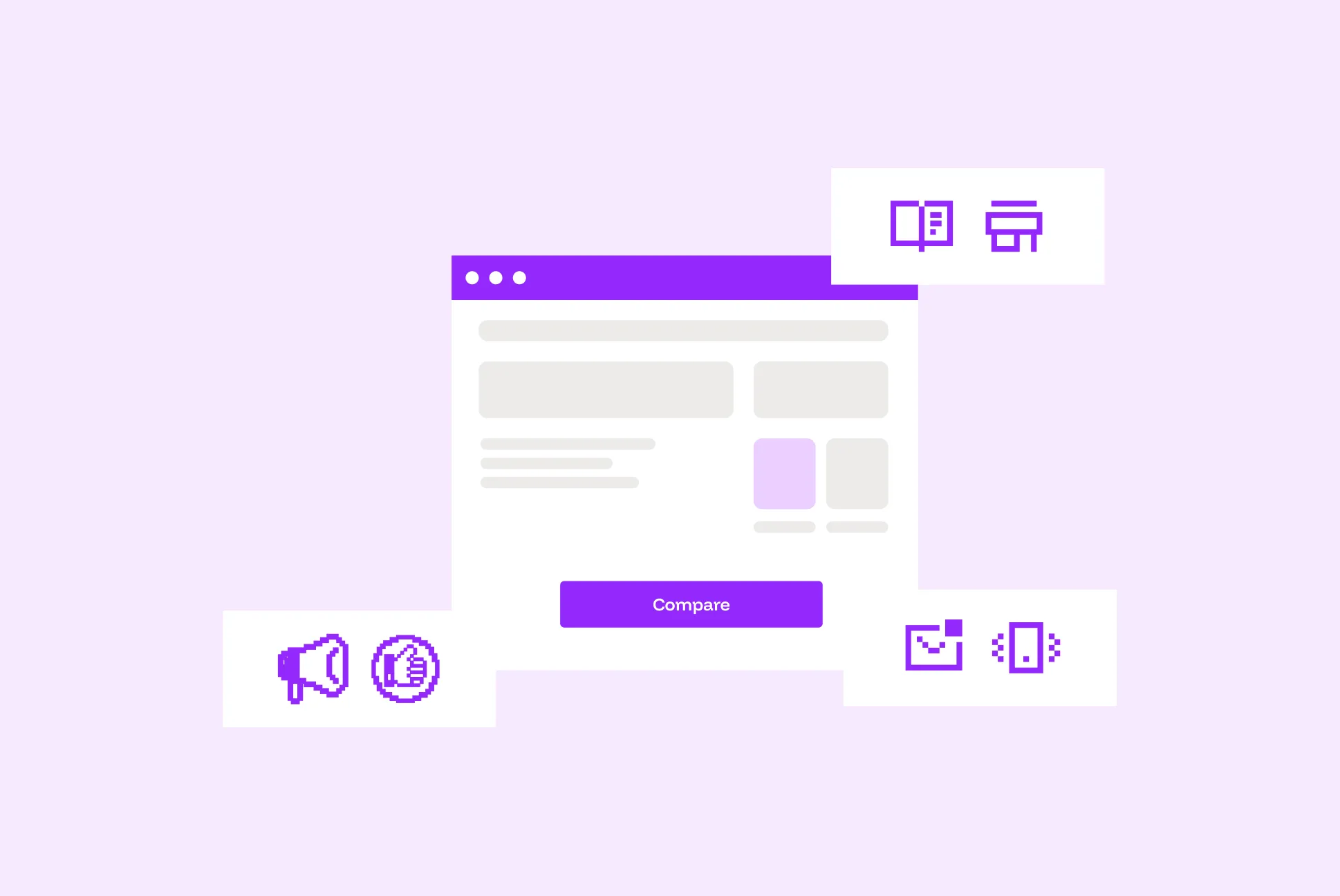 Webpage interface with a purple header and a central compare button, surrounded by icons of a megaphone, thumbs up, checklist, smartphone with signals, and a printer.