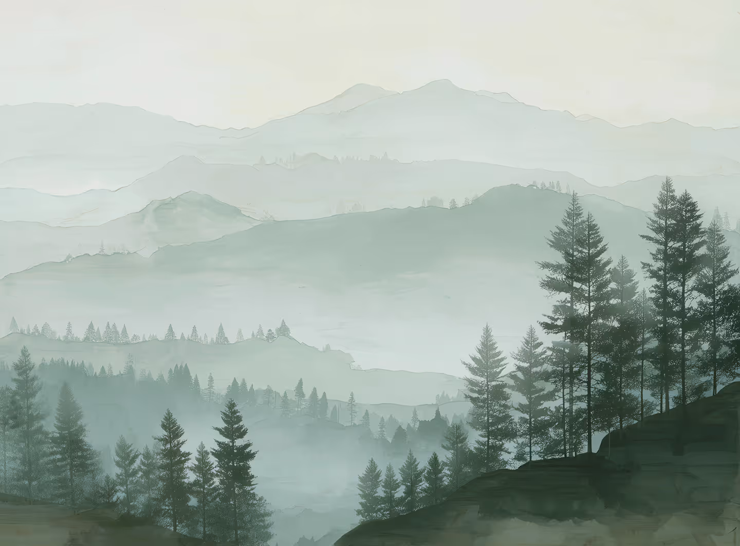 a landscape of mountains and trees
