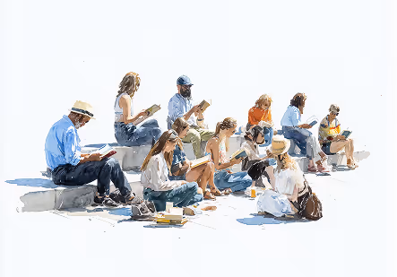 a group of people sitting on steps reading books