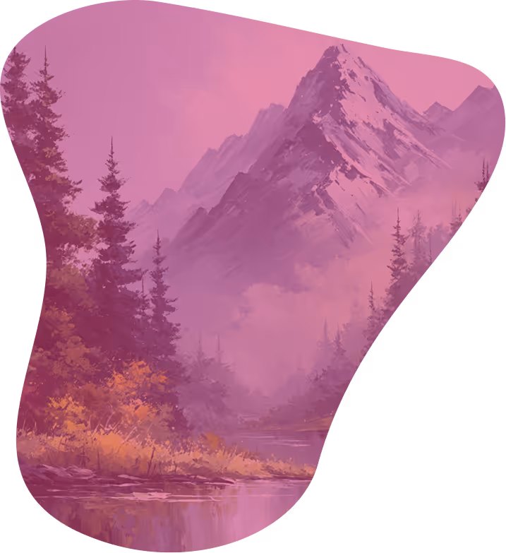 a mountain range with trees and a river
