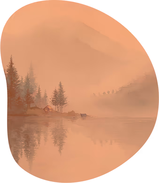 a landscape of a lake with trees and a house