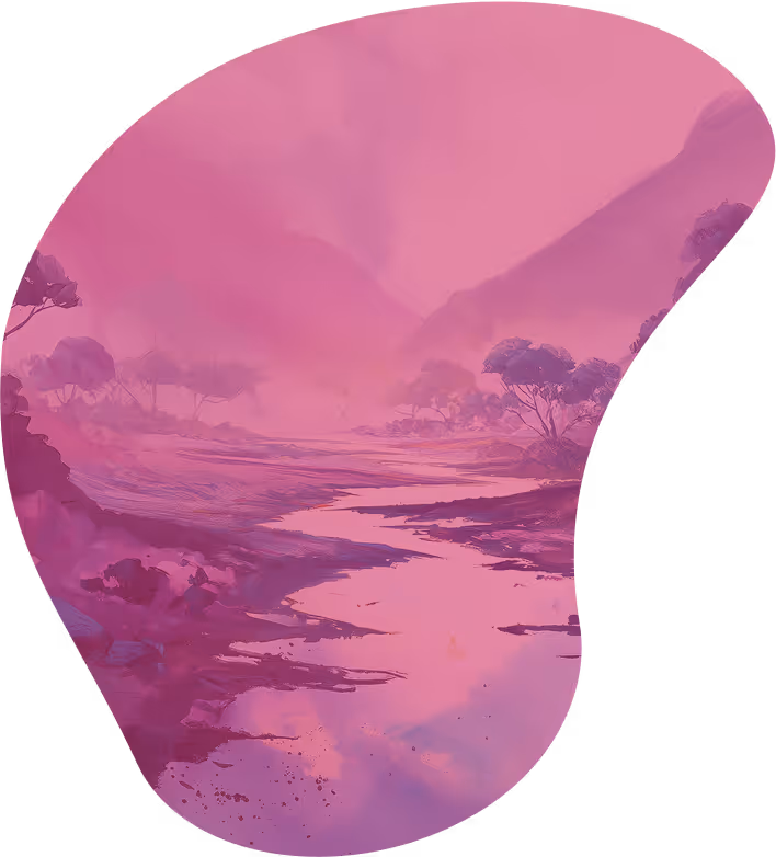 a pink landscape with trees and mountains