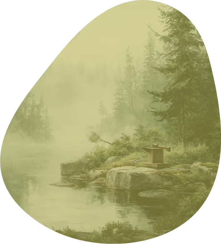 a foggy river with trees and anvil