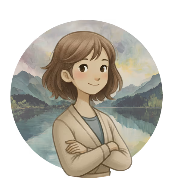 Illustration d'une jeune femme souriante aux cheveux courts, bras croisés, avec en arrière-plan un lac entouré de montagnes et un ciel nuageux aux couleurs douces.