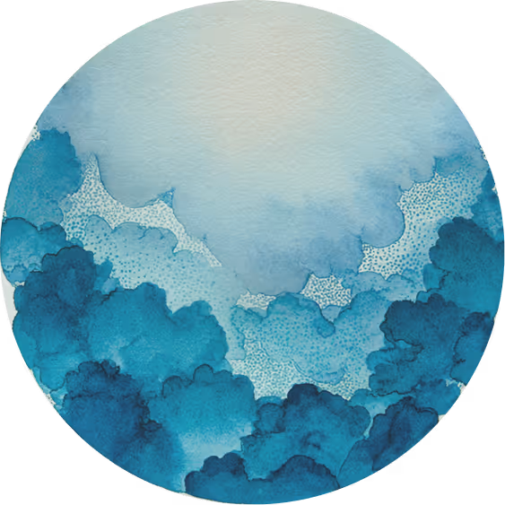 Peinture circulaire représentant des nuages aquarellés dans des tons de bleu et turquoise.