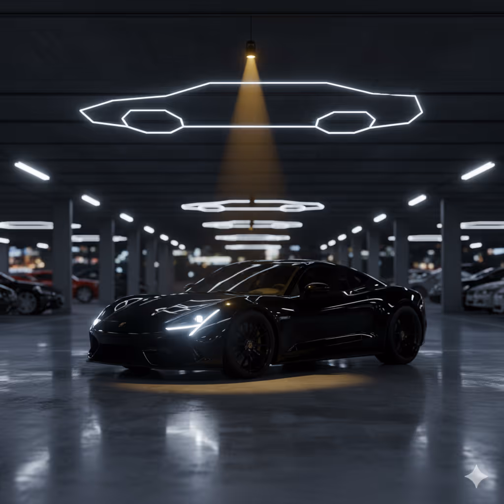 Black sports car with headlights on parked under neon car outline lights in a dimly lit parking garage.