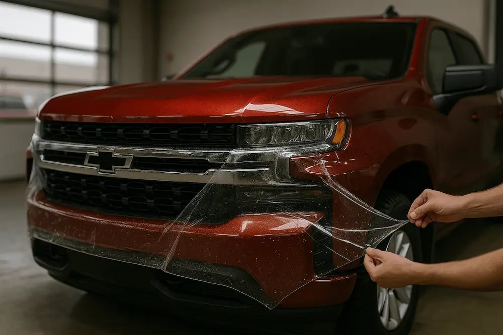 A technician applying clear paint protection film (PPF) to the front bumper of a red Chevrolet inside a professional automotive workshop.