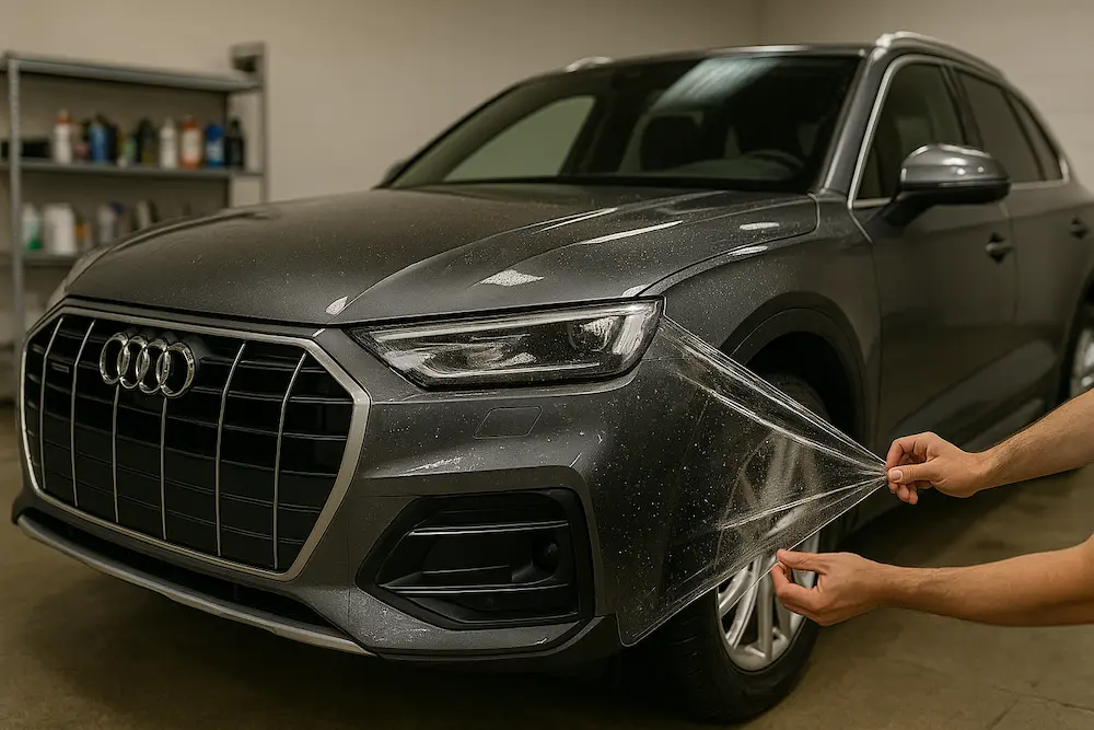 Close-up view of a technician stretching paint protection film onto the front fender of a luxury car in a clean detailing garage.