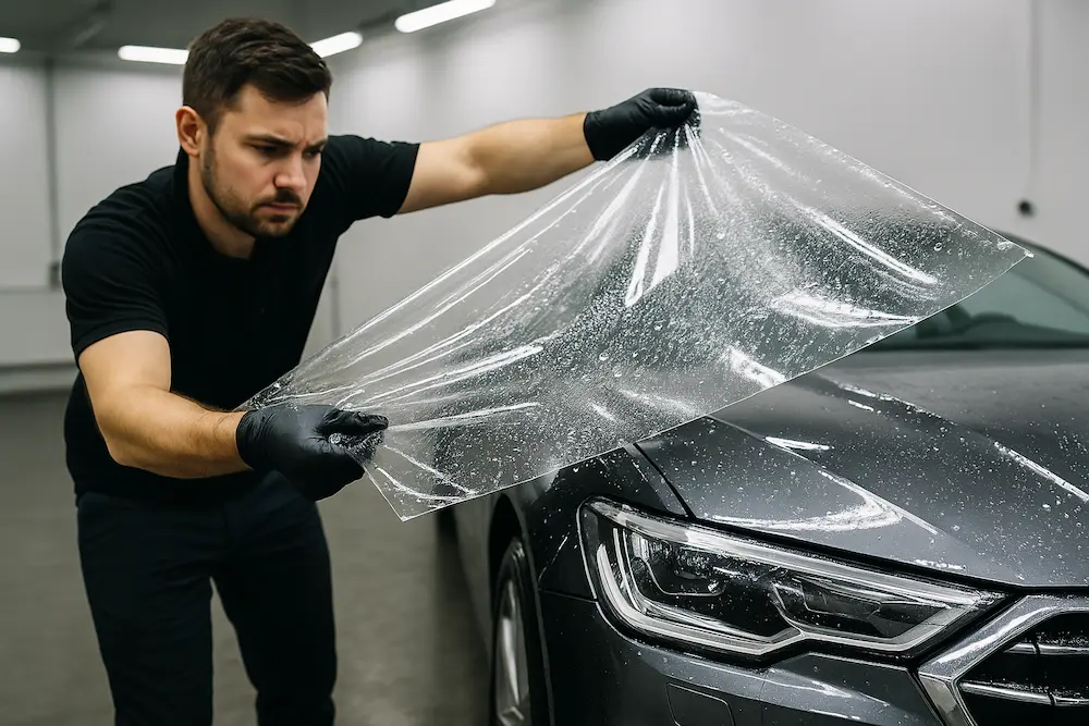 Technician stretching clear paint protection film across the hood of a dark gray car during installation.
