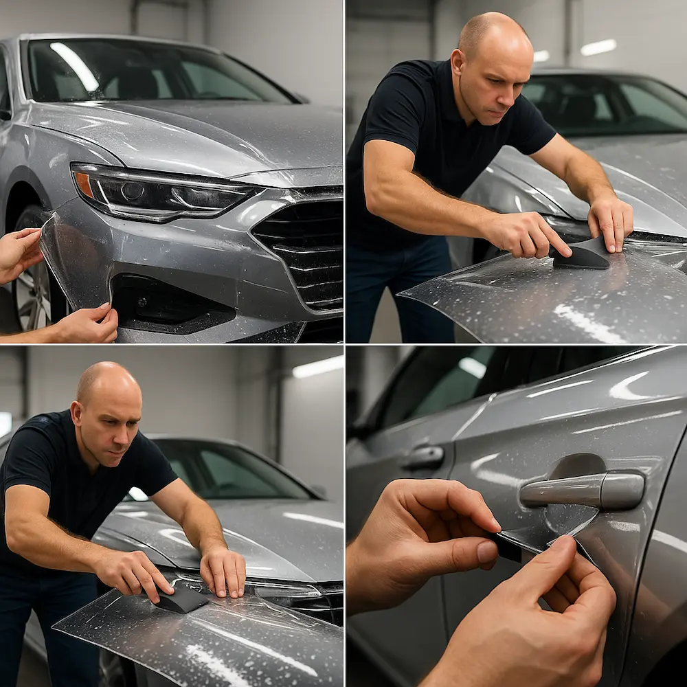 Technician applying paint protection film (PPF) to a silver car using pre-cut panels during a detailed installation.