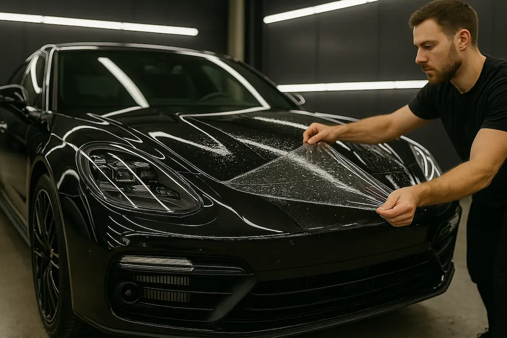 Detailer installing a transparent paint protection film on the hood of a black luxury sports car