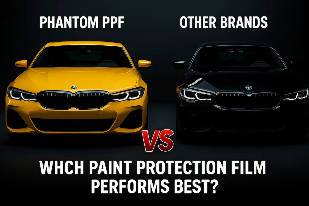 Yellow car vs black car comparison graphic highlighting Phantom PPF against other paint protection film brands.
