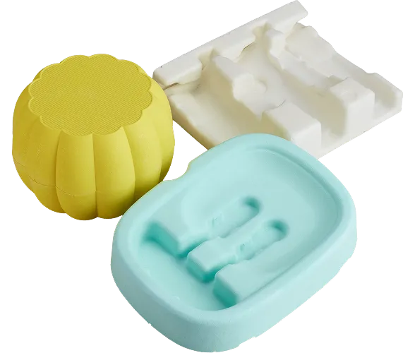 Eco-friendly molded fiber packaging in yellow, blue, and white, showcasing Nissha’s sustainable material innovation for protective product packaging.