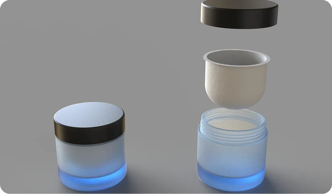 Refillable cosmetic jar with sustainable molded fiber inner cup and reusable glass base, combining eco-friendly innovation with luxury packaging design by Nissha.