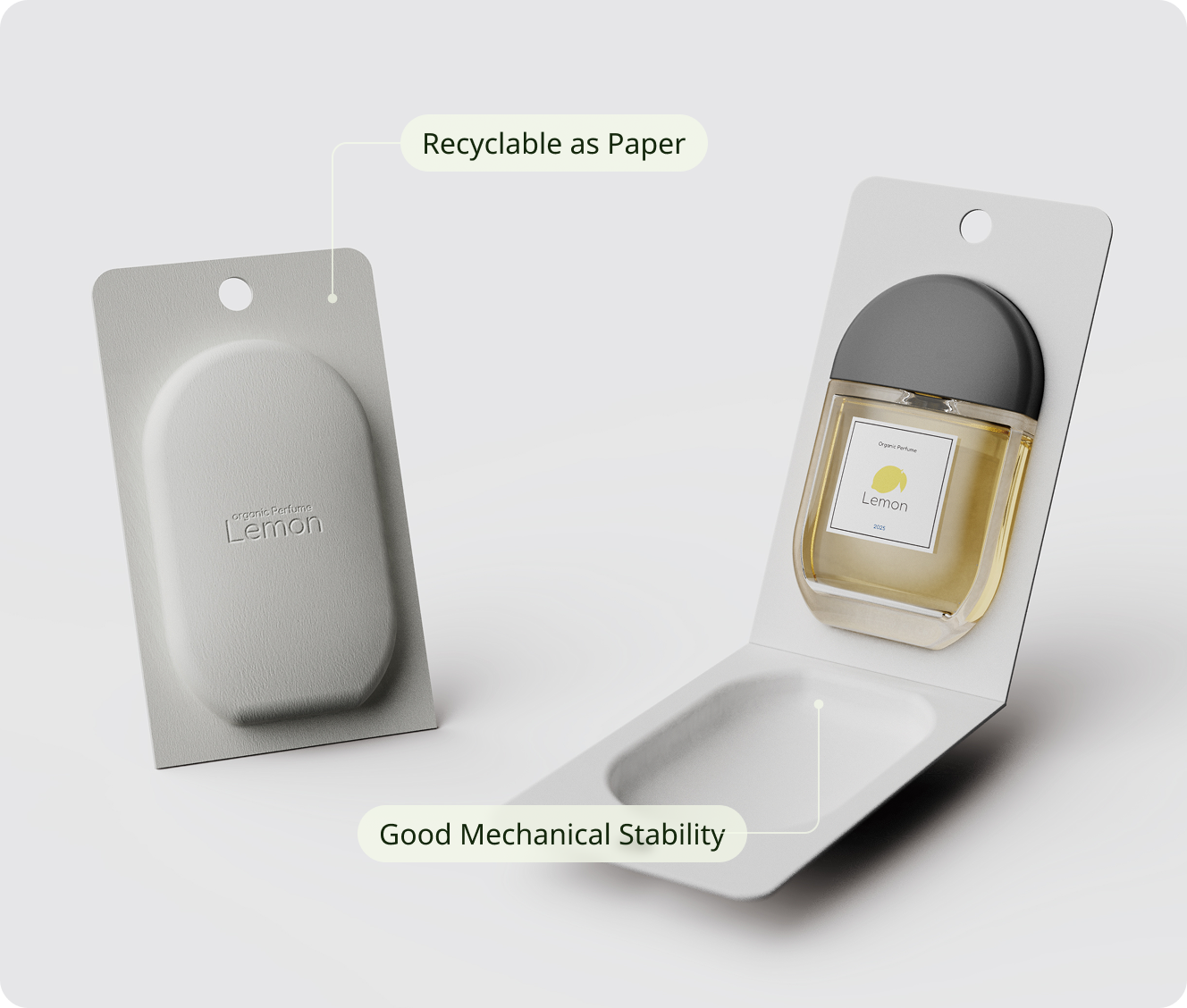 Eco-friendly molded fiber perfume packaging for Lemon fragrance, recyclable as paper and designed with strength and flexibility by Nissha.