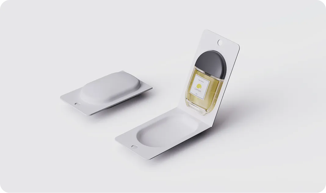 ustainable molded fiber packaging for Lemon perfume, recyclable and plastic-free design by Nissha offering protection and modern aesthetics.