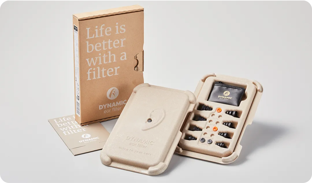 Sustainable molded fiber packaging for Dynamic Ear Filter with organized compartments and eco-friendly design by Nissha.