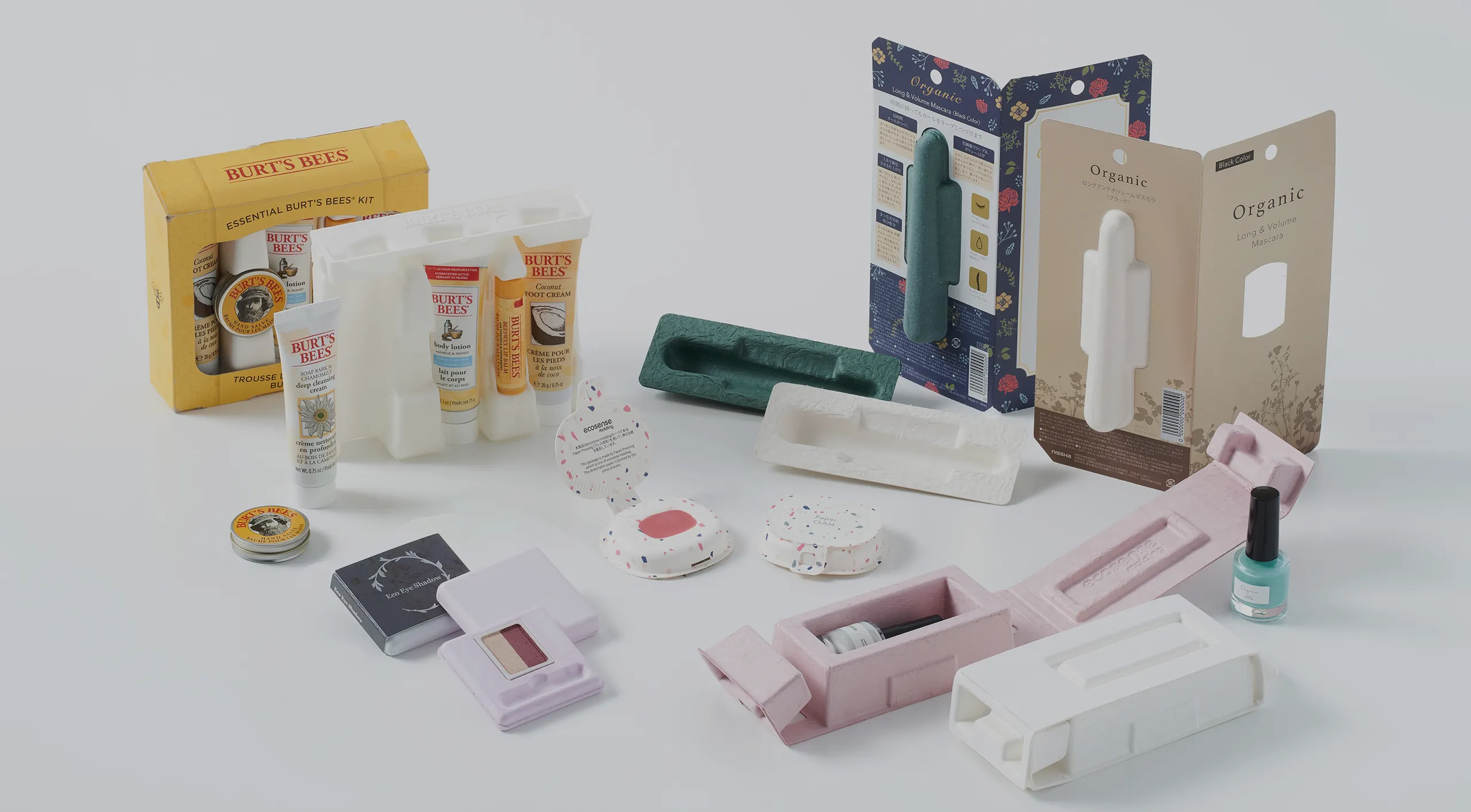 Eco-friendly molded fiber packaging for cosmetics and personal care products, including Burt’s Bees and organic brands, showcasing recyclable and biodegradable packaging solutions.