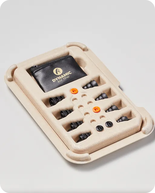 Sustainable molded fiber packaging for Dynamic Ear Filter with organized compartments and eco-friendly design by Nissha.
