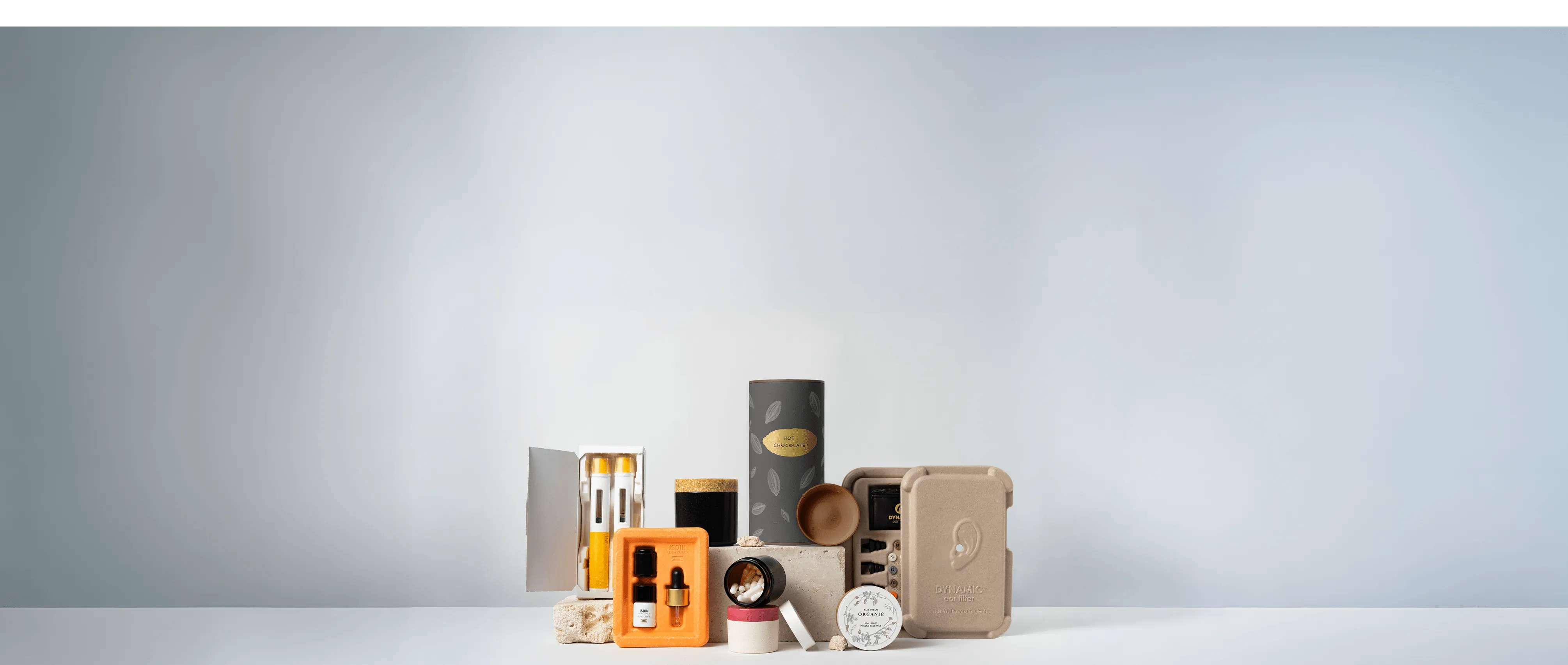 Collection of eco-friendly molded fiber and paper packaging for cosmetics, healthcare, and food, showcasing sustainable and premium packaging design solutions.