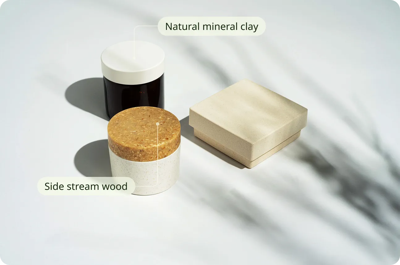 Sustainable cosmetic packaging made from natural mineral clay and side stream wood, showcasing eco-friendly materials and minimalist design for environmentally conscious products.