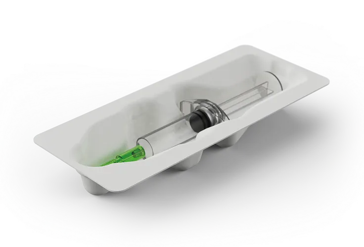 Eco-friendly molded fiber syringe tray for sustainable medical and pharmaceutical packaging, offering secure and recyclable protection for healthcare products.