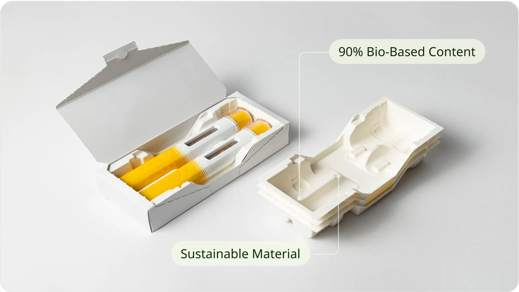 Sustainable medical packaging with bio-based molded trays and paper box containing injector pens, highlighting 90% bio-based content and eco-friendly materials.