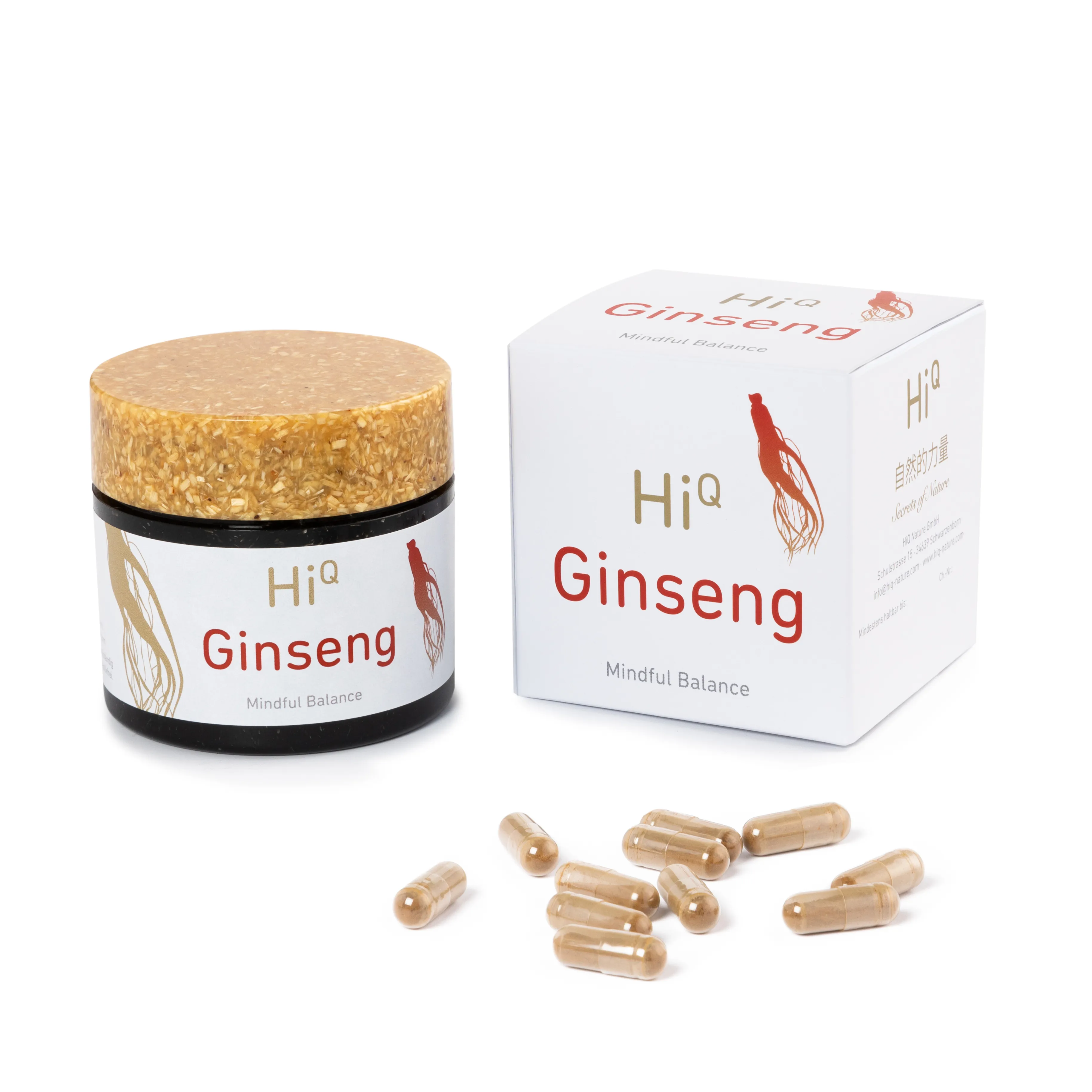 HiQ Ginseng Mindful Balance supplement with eco-friendly packaging and natural-textured cap, displayed with capsules and product box on white background.