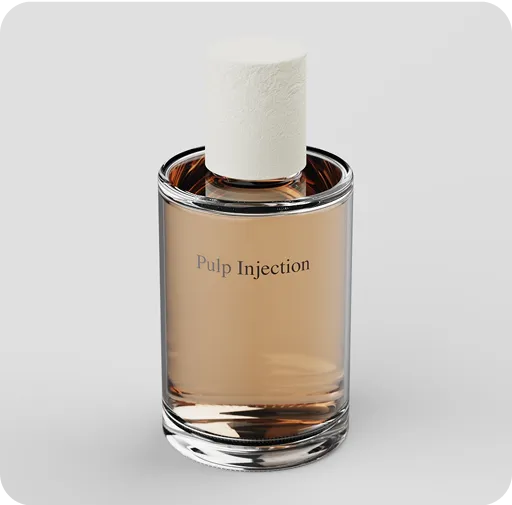Elegant perfume bottle labeled Pulp Injection with amber liquid and white textured cap, showcasing minimalist and sustainable luxury design.