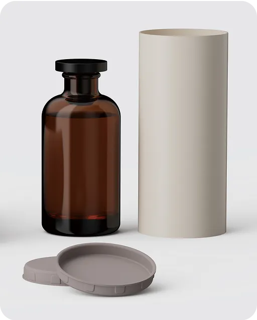Brown glass bottle with molded fiber cylindrical packaging and eco-friendly lids, sustainable protective packaging for premium liquids.