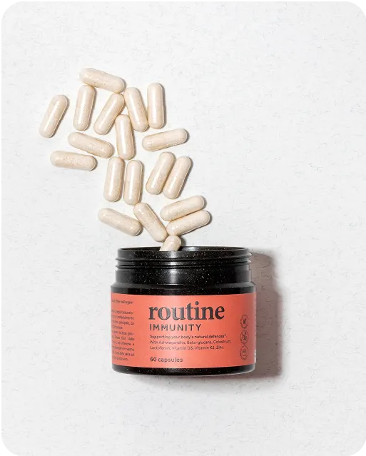 Routine Immunity supplement jar with capsules spilling out, featuring natural wellness ingredients and eco-friendly minimalist packaging design.