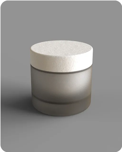 Minimalist frosted glass jar with textured white biodegradable lid on a gray background, representing eco-friendly luxury cosmetic packaging.