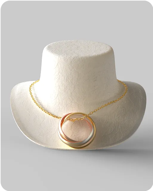 Eco-friendly molded fiber jewelry display stand featuring a gold necklace, showcasing sustainable and elegant packaging design by Nissha.