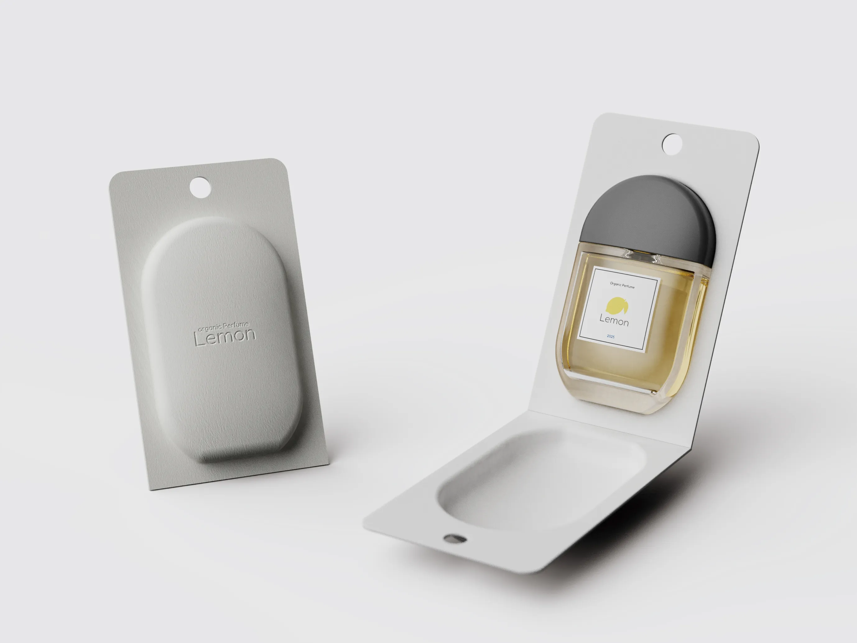 Eco-friendly molded fiber perfume packaging for Lemon fragrance, recyclable as paper and designed with strength and flexibility by Nissha.