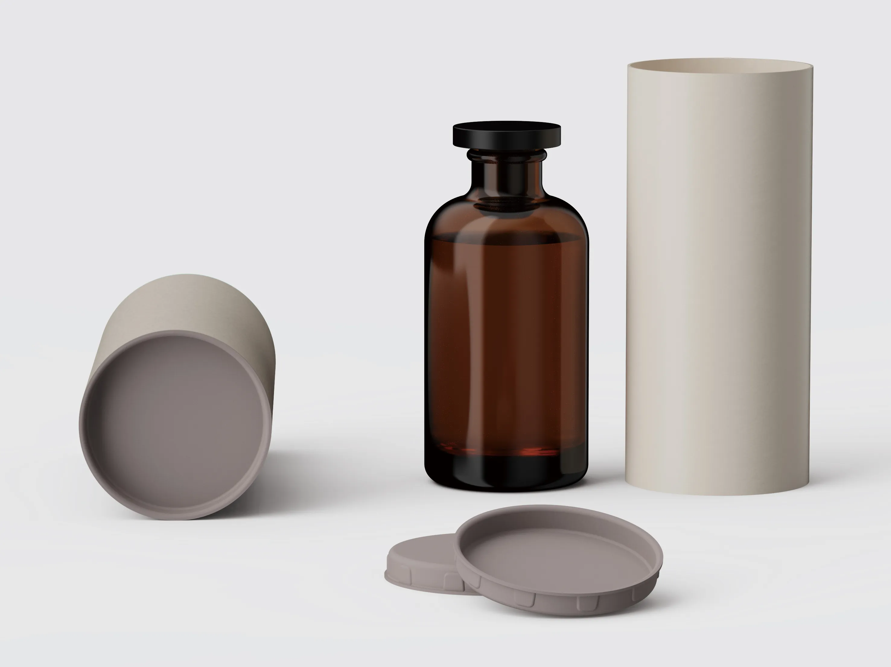 Minimalist brown glass bottle with black cap and beige cylindrical eco-friendly packaging, showcasing sustainable and elegant design for skincare or pharmaceutical use.