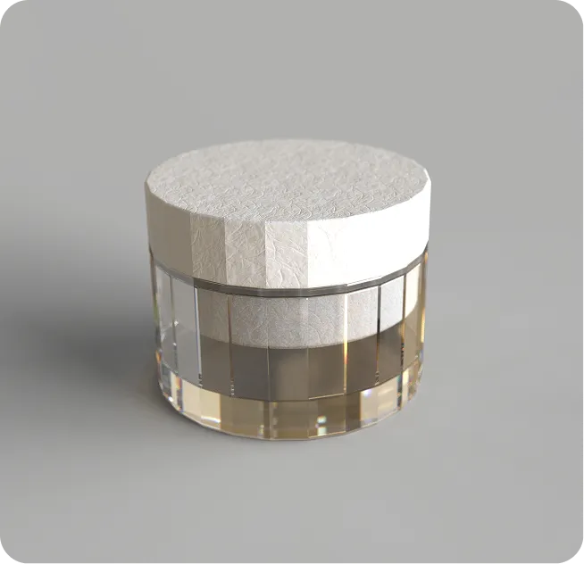 Elegant cosmetic jar with a faceted transparent base and textured white lid, showcasing modern sustainable packaging design for luxury skincare products.
