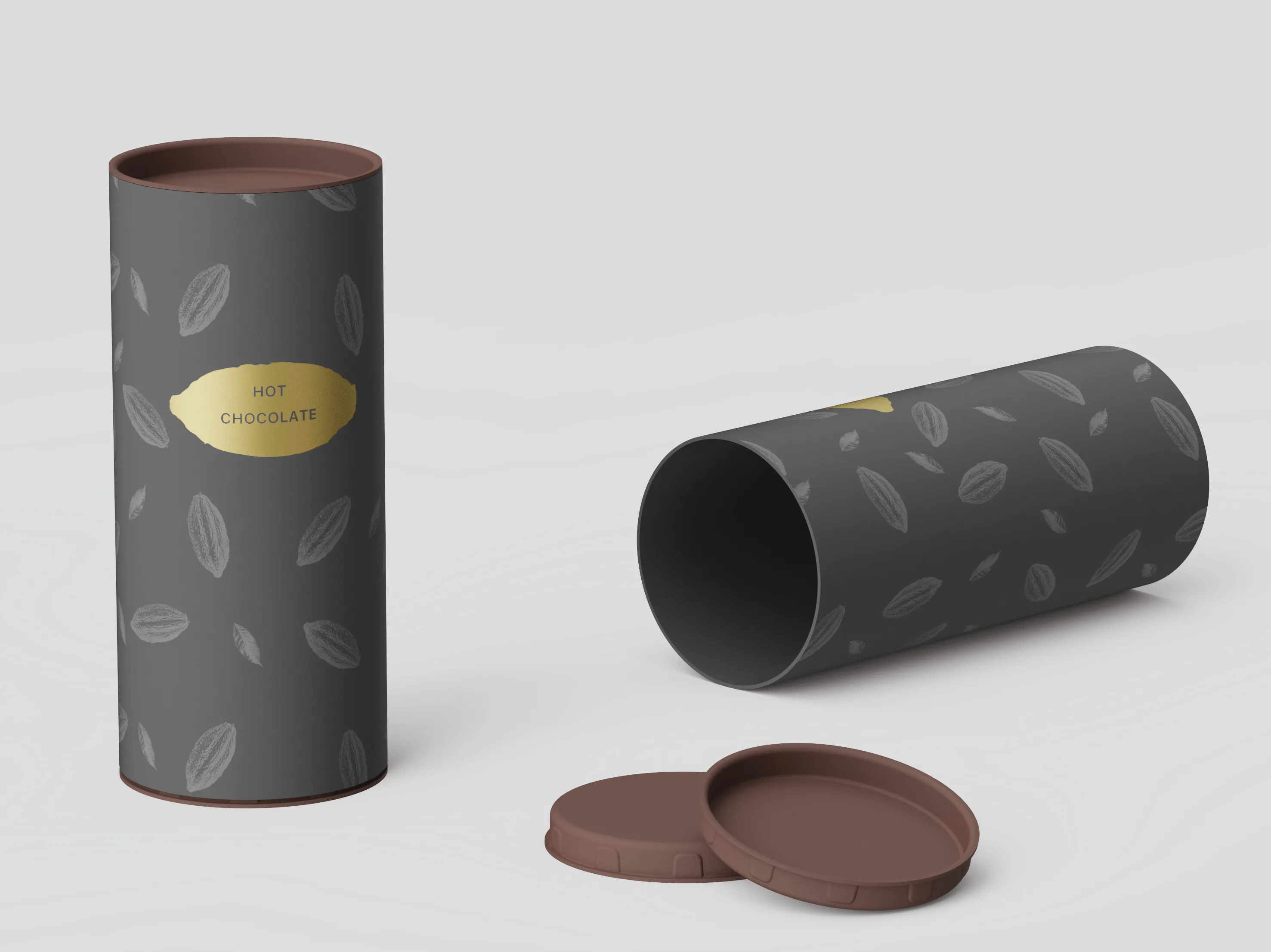 Elegant cylindrical hot chocolate packaging tubes in matte black with cocoa bean pattern and gold label, featuring sustainable brown lids on a light background.
