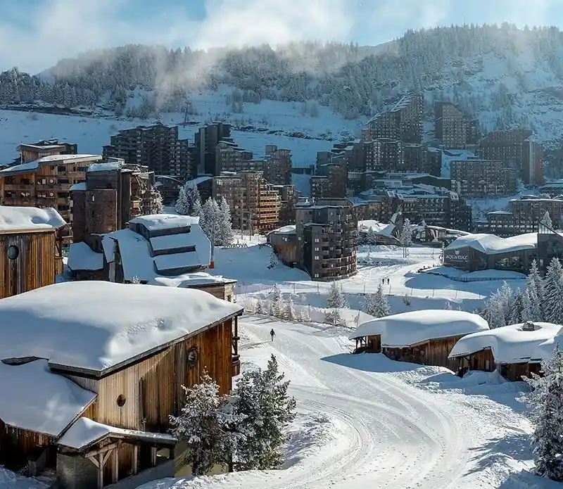 The Avoriaz resort from above, covered in snow. Showcasing the accommodation and local amenities 