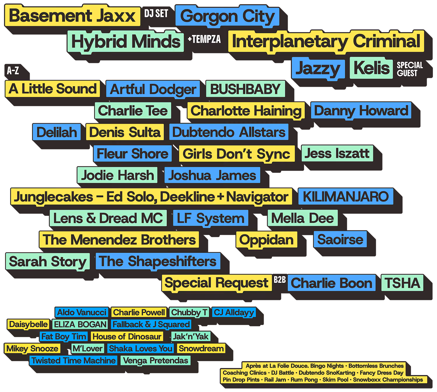 Full Snowboxx 2027 lineup featuring headliners such as Basement Jaxx, Gorgon Citry, Hybrid Minds and Interplanetary Criminal