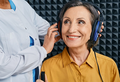 Glückliche Frau beim Hörakustiker während eines Hörtests