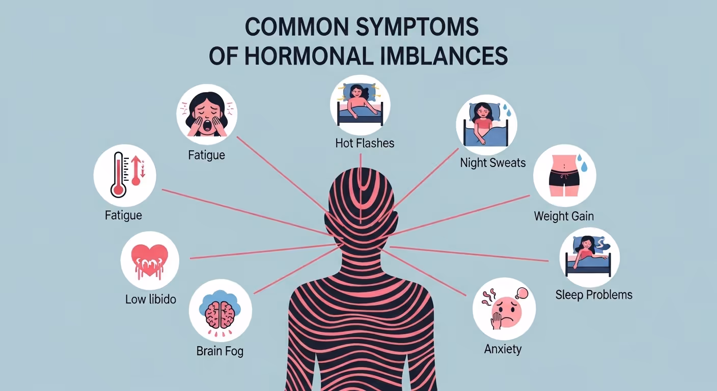Infographic showing common symptoms of hormonal imbalance including fatigue, hot flashes, night sweats, low libido, weight gain, brain fog, anxiety, and sleep problems.