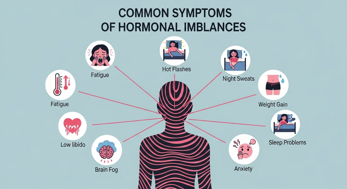 Infographic showing common symptoms of hormonal imbalance including fatigue, hot flashes, night sweats, low libido, weight gain, brain fog, anxiety, and sleep problems.