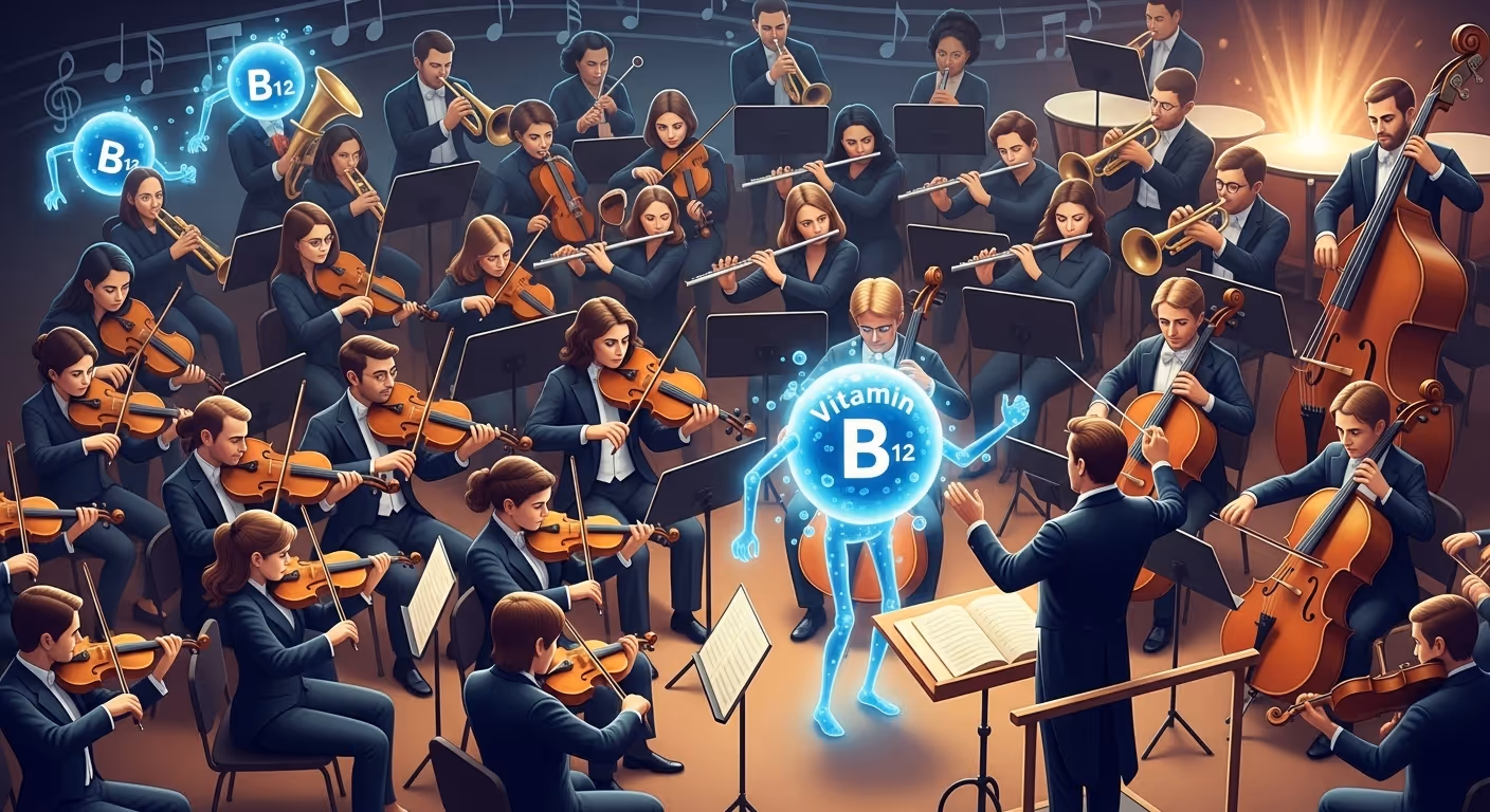 An orchestra metaphor illustrating the role of B12 in hormone balance.  Well-lit instruments represent balanced hormones, while dimmer, out-of-sync instruments symbolize hormones affected by B12 deficiency. B12 is depicted as a conductor's assistant, supporting the main conductor (hormone regulation).