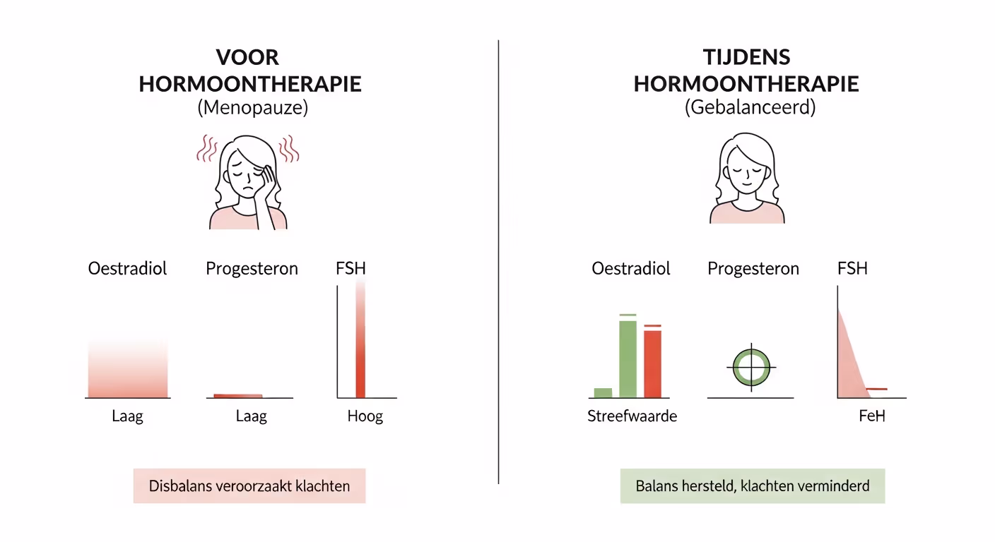 Infographic die de hormonale veranderingen voor en tijdens hormoontherapie vergelijkt. Links toont lage oestradiol- en progesteronwaarden en hoge FSH-waarden tijdens de menopauze. Rechts toont hoe therapie deze waarden herstelt naar een gebalanceerd niveau.